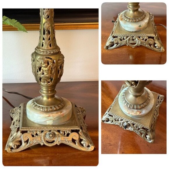 Antique Ornate Brass Parlor Oil Lamp W/ Cherubs Alabaster Base Hand Painted Glas - Picture 7 of 10